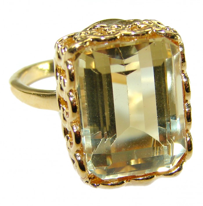 Pure Joy 15.8 carat Genuine Lemon Quartz 14K Gold over .925 Sterling Silver handcrafted ring size 10