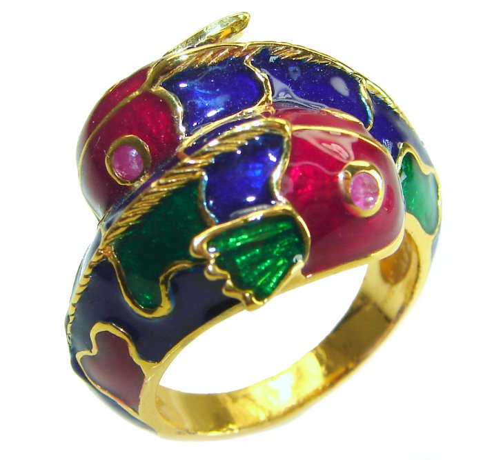 Luxurious Lucky Fishes Natural Ruby Enamel 18K Gold over .925 Sterling Silver Huge handcrafted Ring s. 8 1/4 - video
