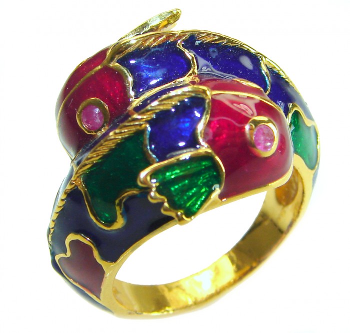Luxurious Lucky Fishes Natural Ruby Enamel 18K Gold over .925 Sterling Silver Huge handcrafted Ring s. 8 1/4