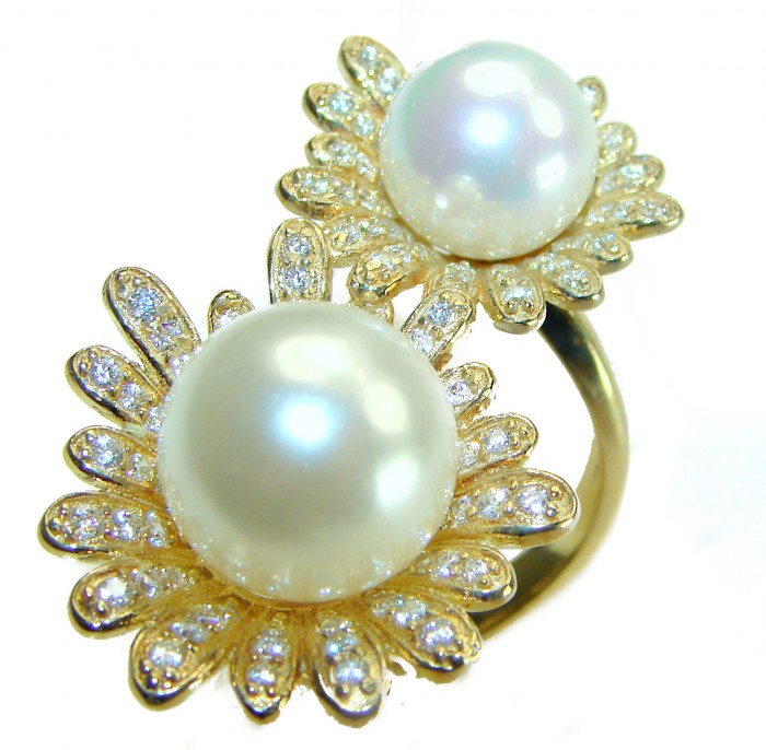 Luxurious 2 Pearls 0.7 carat lab. grown diamonds 18K Gold over .925 Sterling Silver brilliantly handcrafted ring s. 8 1/4