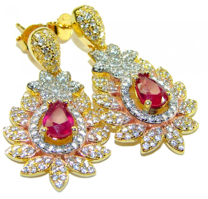 Bella Rosa authentic 3.2 carat Ruby White Sapphire 18K Gold over .925 Sterling Silver handcrafted Statement earrings - video