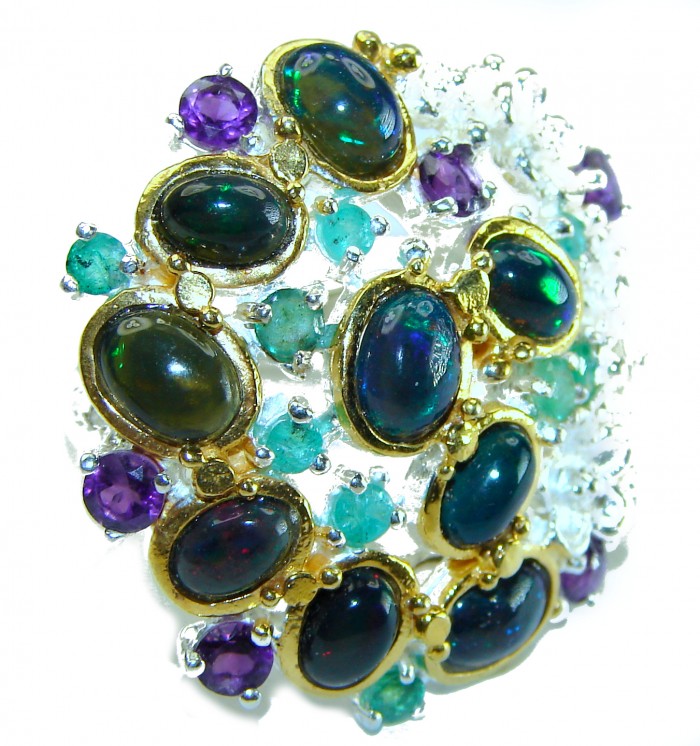 Mysterious Galaxy Genuine 19.9 carat Black Opal 18K Gold over .925 Sterling Silver handmade Ring size 7