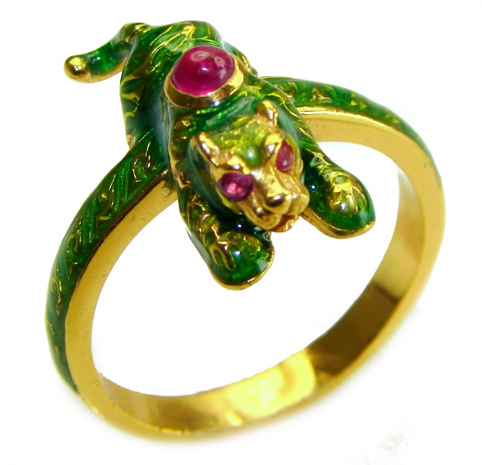 Green Panther 0.5 carat Ruby Enamel 18K Gold over .925 Sterling Silver handcrafted Ring s. 8 1/4