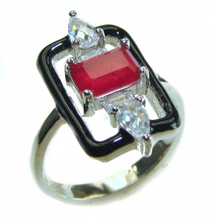Art Deco 2.3 carat Ruby black enamel .925 Sterling Silver handmade Ring size 6 1/4