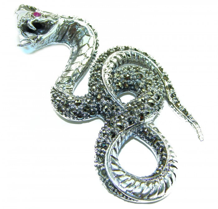 Large 2 5/8 inches long Cobra Snake genuine Marcasite .925 Sterling Silver handmade Pendant