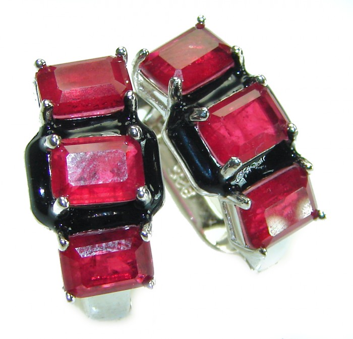 Art Deco Ruby black enamel .925 Sterling Silver handcrafted earrings
