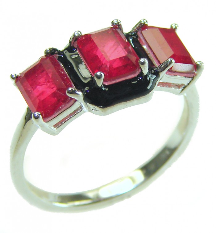 Art Deco Ruby black enamel .925 Sterling Silver handmade Ring size 9
