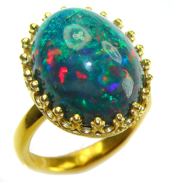 A COSMIC POWER Genuine 20.5 carat Black Opal 18K Gold over .925 Sterling Silver handmade Ring size 6