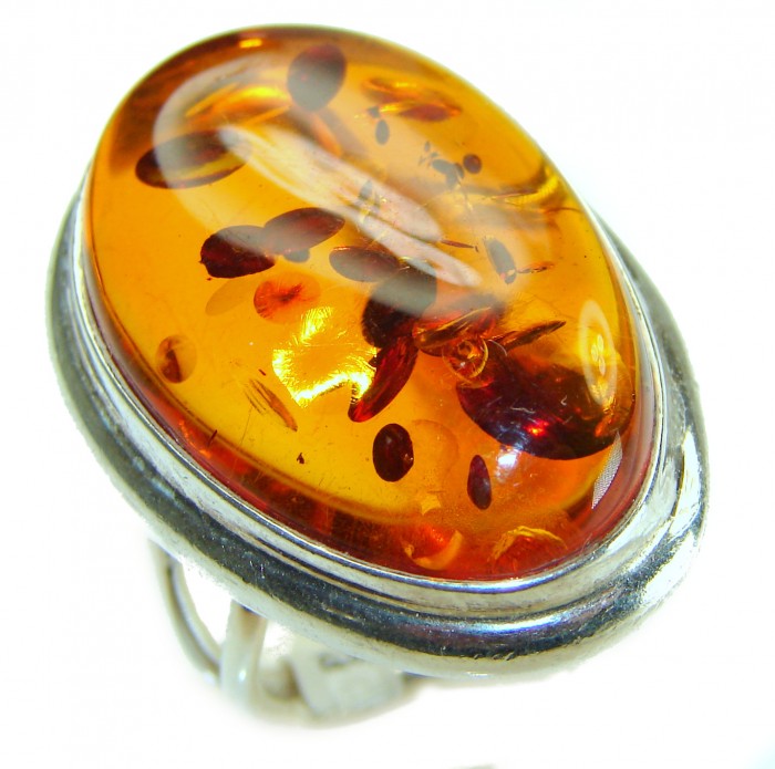Beauty of the Sea Giant natural Baltic Amber .925 Sterling Silver handcrafted ring; s. 7 adjustable
