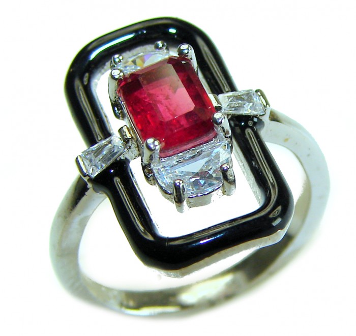 Art Deco 2.3 carat Ruby black enamel .925 Sterling Silver handmade Ring size 6