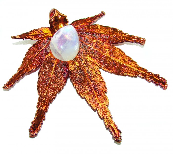 Stylish REAL Leaf Coved with Sterling Silver and 14K Gold Golden Topaz Tourmaline & .925 Sterling Silver Pendant