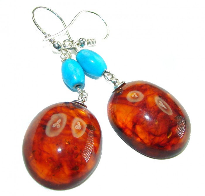 Baltic Polish Amber Turquoise .925 Sterling Silver Earrings
