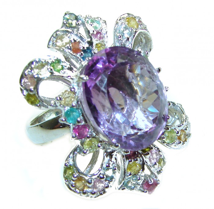 Luxurius 28.8 carat Amethyst multicolor Sapphire .925 Sterling Silver Handcrafted Ring size 8
