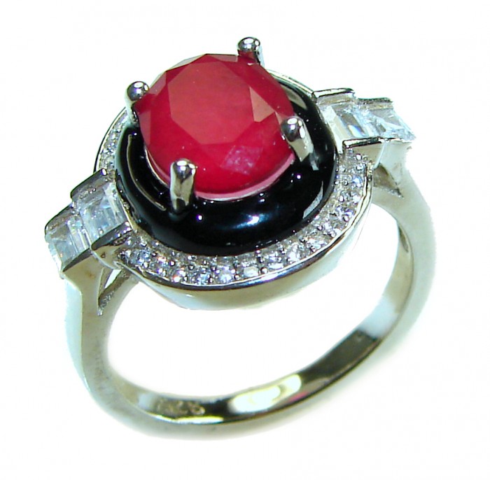 Art Deco 5.2 carat Ruby black enamel .925 Sterling Silver handmade Ring size 6 1/4