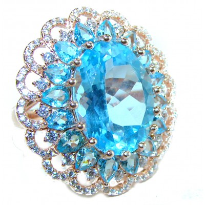 Electric Blue 29.5 carat Blue Swiss Topaz 14K Gold over .925 Sterling Silver handcrafted Ring size 8 1/4