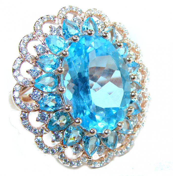 Electric Blue 29.5 carat Blue Swiss Topaz 14K Gold over .925 Sterling Silver handcrafted Ring size 8 1/4 - video