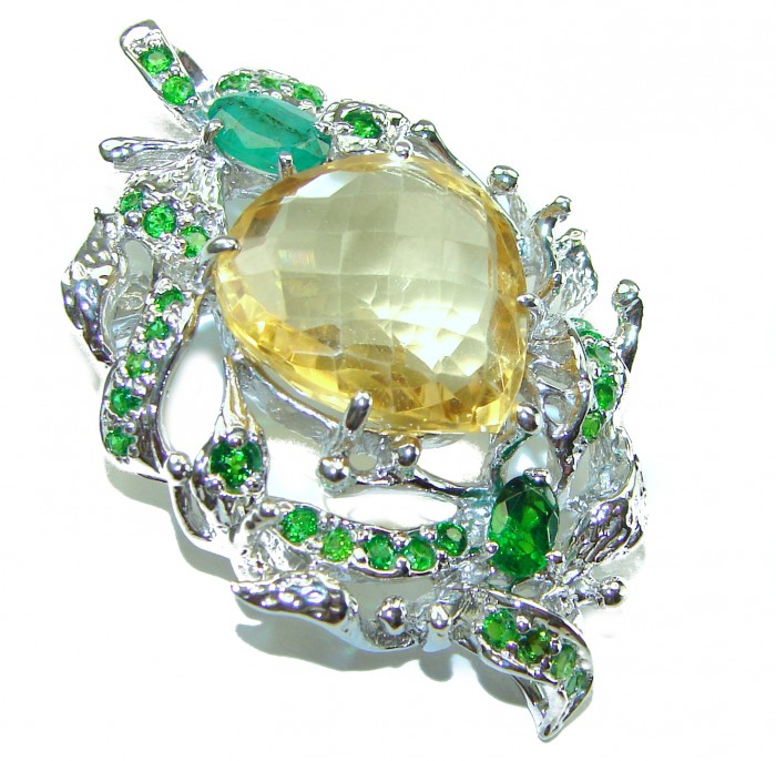 Vintage Design Genuine 18.5 carat Lemon Quartz 9.8 carat Colombian Emerald .925 Sterling Silver handmade Pendant - Brooch