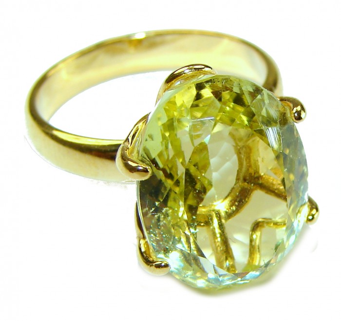 10.8 carat Genuine Lemon Quartz 14K Gold over .925 Sterling Silver handcrafted ring size 7 1/4