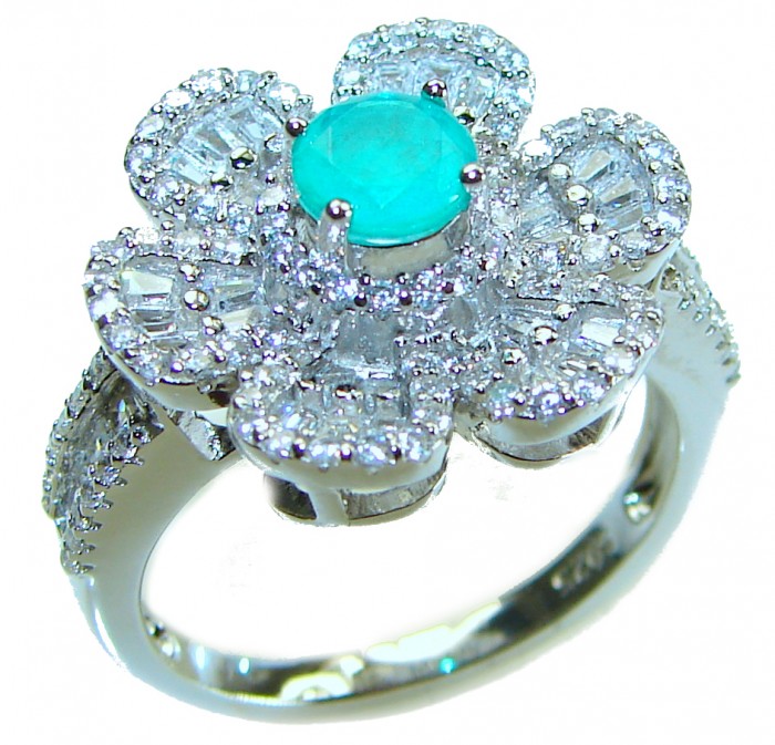 Luxurious Flower 3.1 carat Emerald .925 Sterling Silver handcrafted Ring size 8