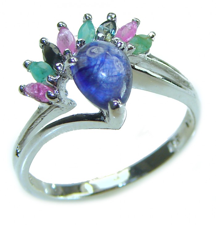 Deep Ocean 2.5 carat Sapphire .925 Sterling Silver handmade Statement Ring size 8 3/4