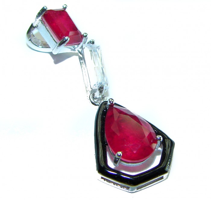 Art Deco 5.2 CARAT Ruby black enamel .925 Sterling Silver handcrafted Pendant