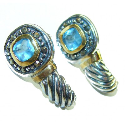 Seaside 2.5 carat Swiss Blue Topaz 2 tones .925 Sterling Silver handmade earrings