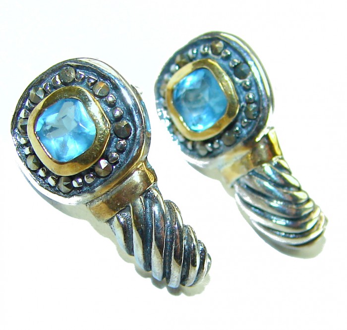Seaside 2.5 carat Swiss Blue Topaz 2 tones .925 Sterling Silver handmade earrings