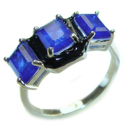 Art Deco 6.8 carat Sapphire black enamel .925 Sterling Silver handcrafted Ring size 7