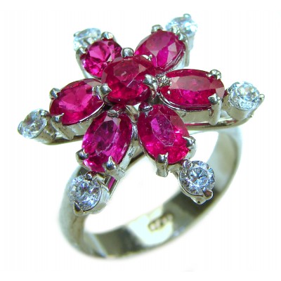 Luxurious Red Flower 10.2 carat genuine Ruby .925 Sterling Silver handcrafted Ring size 8