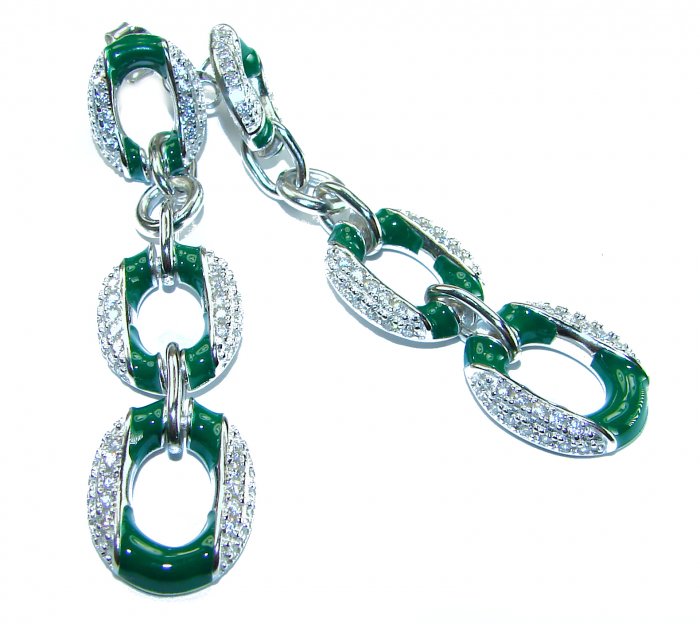 5.5 carat White Sapphire green enamel .925 Sterling Silver handcrafted Chain earrings - video