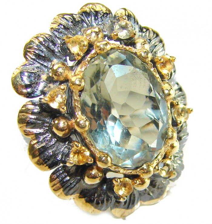 Green Royalty authentic 15.5 carat Green Amethyst black rhodium 2 tones .925 Sterling Silver handcrafted Ring s. 7