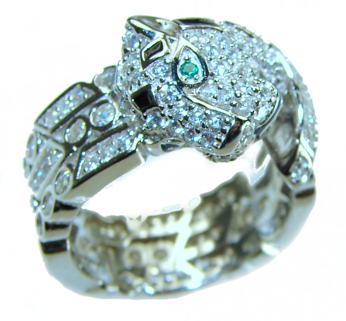 Panthère 4.5 carat Emerald black enamel .925 Sterling Silver handcrafted Statement Ring size 6