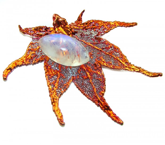 LARGE Stylish REAL Leaf Coved with Sterling Silver and 14K Gold Moonstone & .925 Sterling Silver Pendant