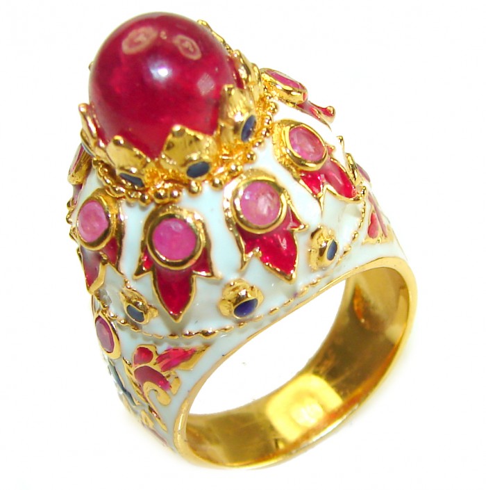 Real Beauty of Nature - natural 5.5 carat Ruby enamel 18K Gold over .925 Sterling Silver handmade Statement Ring size 7