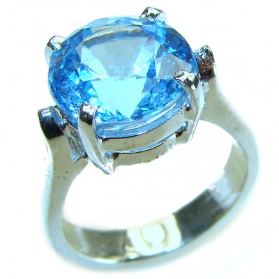 Blue Planet 8.5 carat Fancy round cut Swiss Blue Topaz .925 Sterling Silver handmade Ring size 6