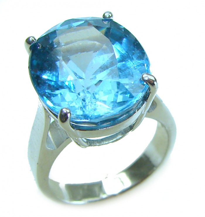 Blue Planet 10.5 carat Fancy oval cut Swiss Blue Topaz .925 Sterling Silver handmade Ring size 5 3/4