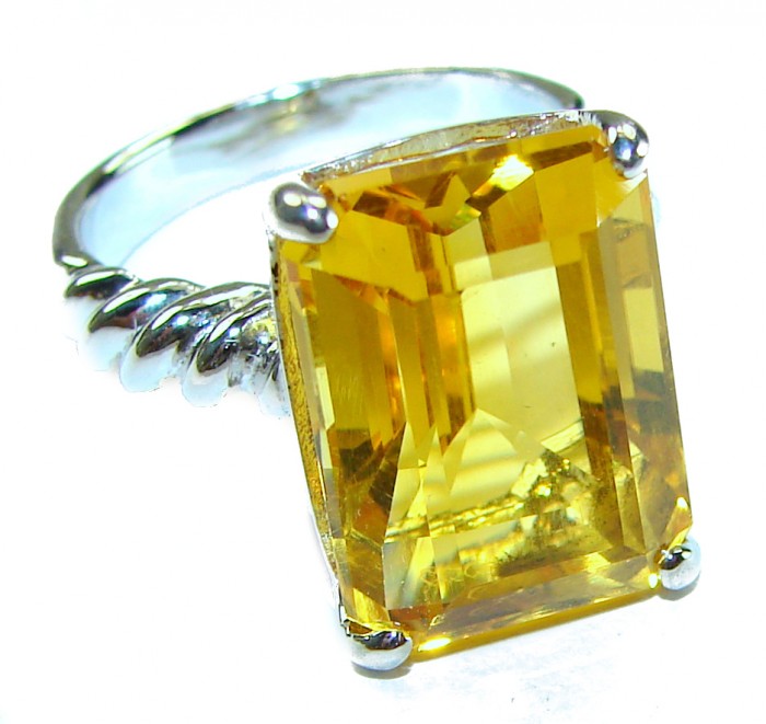 Baguette cut 10.8 carat Genuine Lemon Quartz .925 Sterling Silver handcrafted ring size 7
