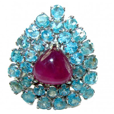 Isabella - Real Beauty of Nature- natural 10.5 carat Ruby Aquamarine 14K Gold over .925 Sterling Silver handmade Statement Ring size 8 1/4