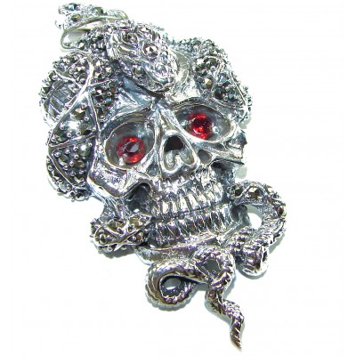 Huge Ghost Rider Authentic 4.8 carat Ruby Marcasite .925 Sterling Silver handcrafted Pendant