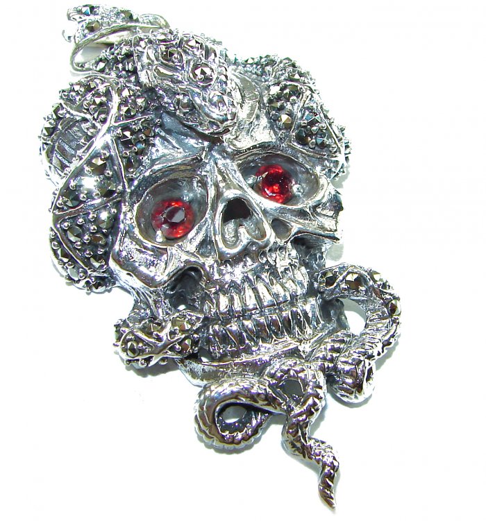 Huge Ghost Rider Authentic 4.8 carat Ruby Marcasite .925 Sterling Silver handcrafted Pendant - video