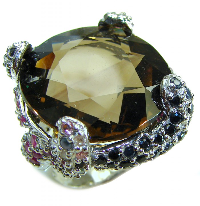 Celestial Energy rare Rose Cut 28.5 carat Champagne Smoky Topaz .925 Sterling Silver Oversized Ring size 8