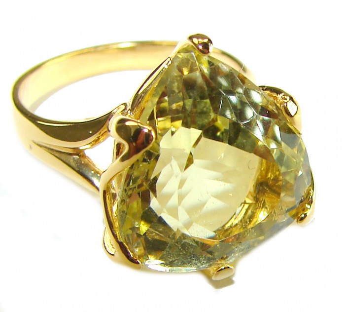 11.8 carat Genuine Trillion cut Lemon Quartz 14K Gold over .925 Sterling Silver handcrafted ring size 7