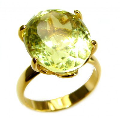 11.8 carat Genuine oval cut Lemon Quartz 14K Gold over .925 Sterling Silver handcrafted ring size 6 1/2