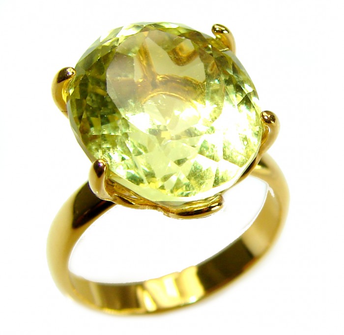 11.8 carat Genuine oval cut Lemon Quartz 14K Gold over .925 Sterling Silver handcrafted ring size 6 1/2