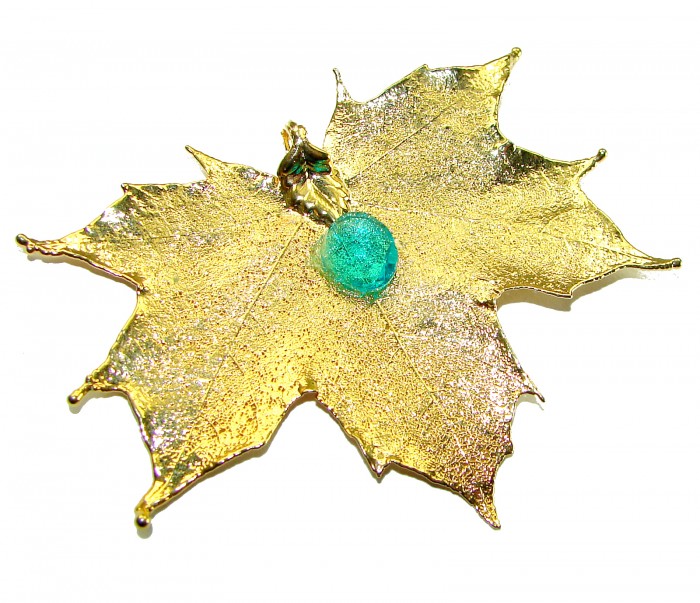Rain Drop REAL Leaf dipped in Sterling Silver and 14K Gold Blue Topaz & .925 Sterling Silver Pendant