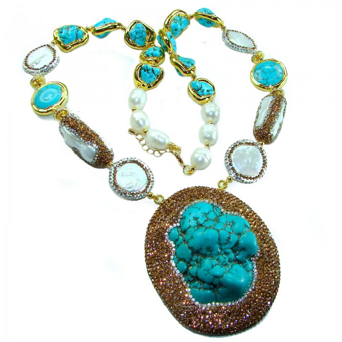 Blue Extravaganza - 84.5 carat natural Turquoise 14k Gold over .925 Sterling Silver handmade necklace, 154.50 grams - video