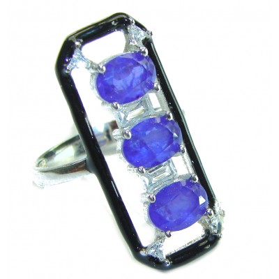 Art Deco 6.2 carat Sapphire black enamel .925 Sterling Silver handcrafted Ring size 6 1/4