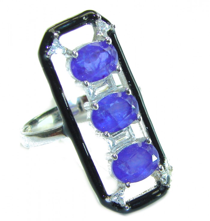 Art Deco 6.2 carat Sapphire black enamel .925 Sterling Silver handcrafted Ring size 6 1/4