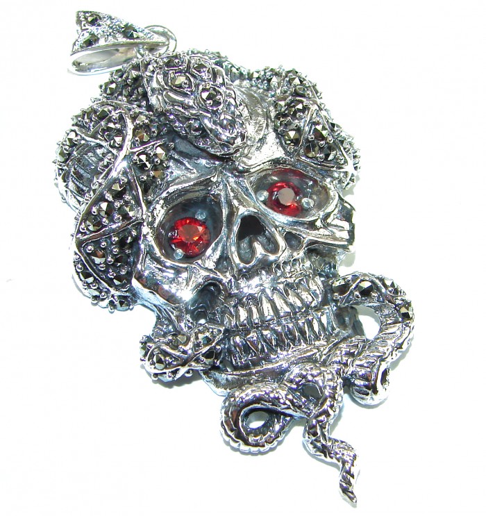 Huge Ghost Rider Ruby Authentic 5.8 carat Ruby Marcasite .925 Sterling Silver handcrafted Pendant