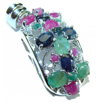 Precious Genuine 10.5 carat Emerald Ruby Sapphire .925 Sterling Silver handmade Pendant